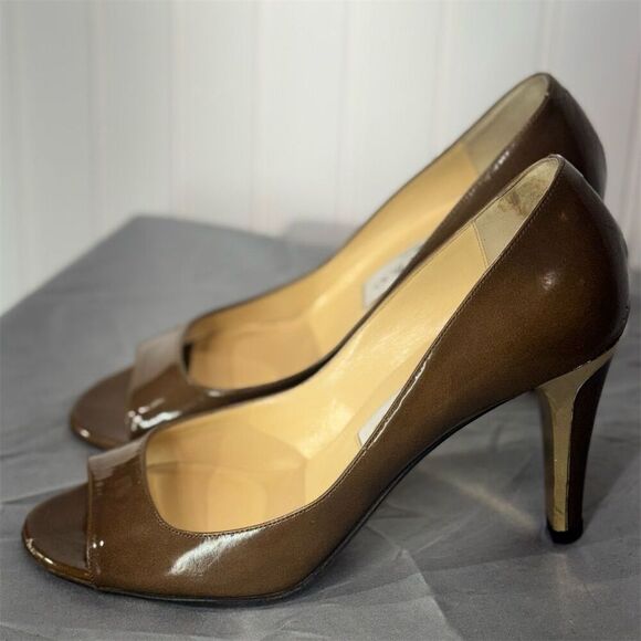 Jimmy Choo Evelyn Brown Patent Leather Peep Toe Heels Gold Heel EU 38 US 7.5-8 - Picture 4 of 10